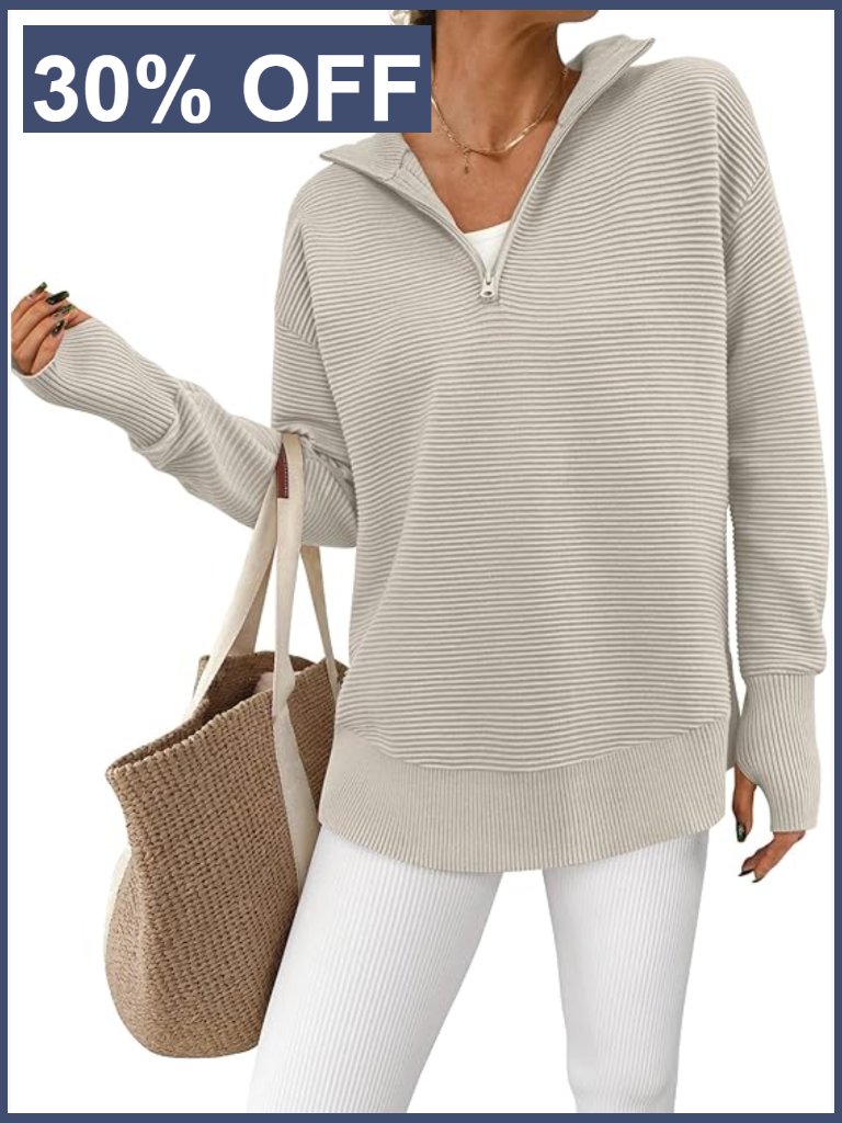 Long Sleeve Quarter Zip Ribbed Knit Sweater Pullover Collared V Neck Thumb Hole